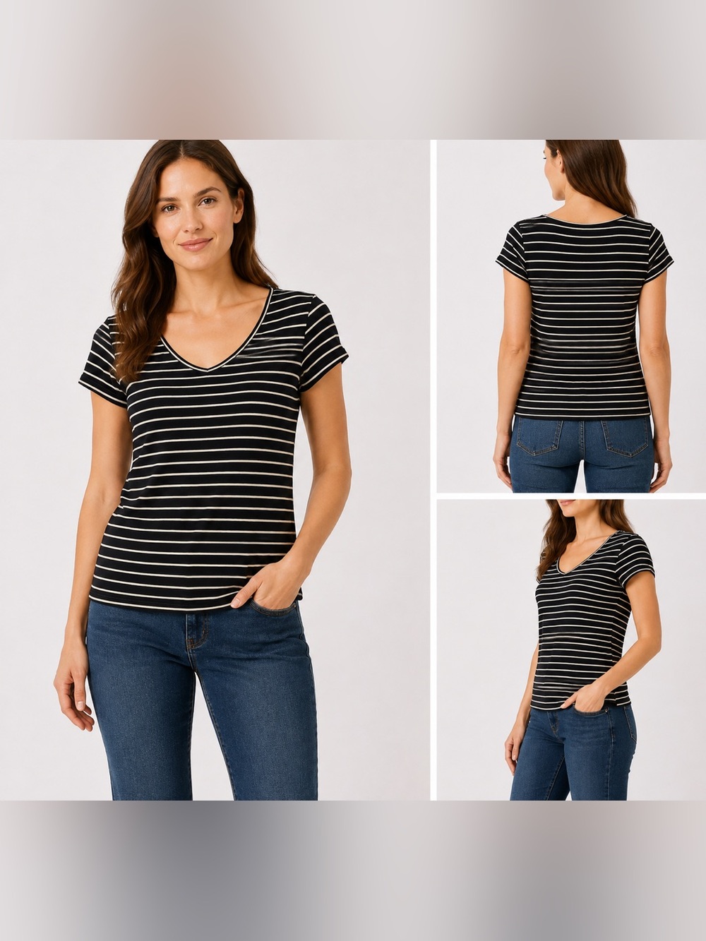 Carole Little Black and Cream Striped Short Sleeve Tee Size Small